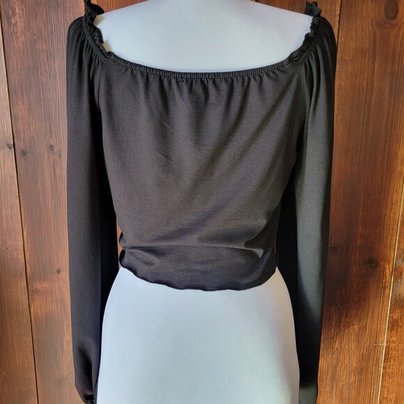 Black Off-Shoulder Crop Top Women L Ruffle Neck Balloon Sleeve Y2K 90s Vintage - Picture 8 of 13